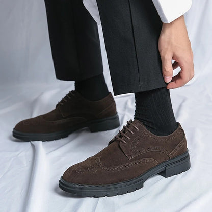 Classic men's suede brogues, versatile dress shoes with intricate perforations, perfect for mens casual wear.