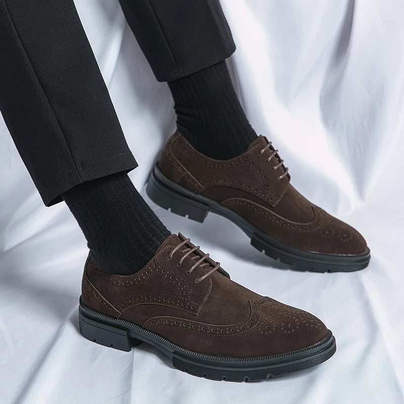 Comfortable brown suede brogue dress shoes for men, featuring a classic lace-up design and durable sole.