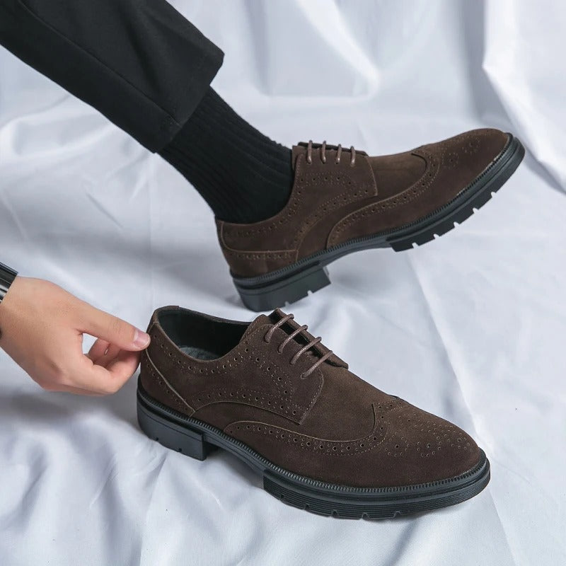 Stylish men's black suede brogue shoes, sophisticated dress footwear with traditional detailing and comfort.