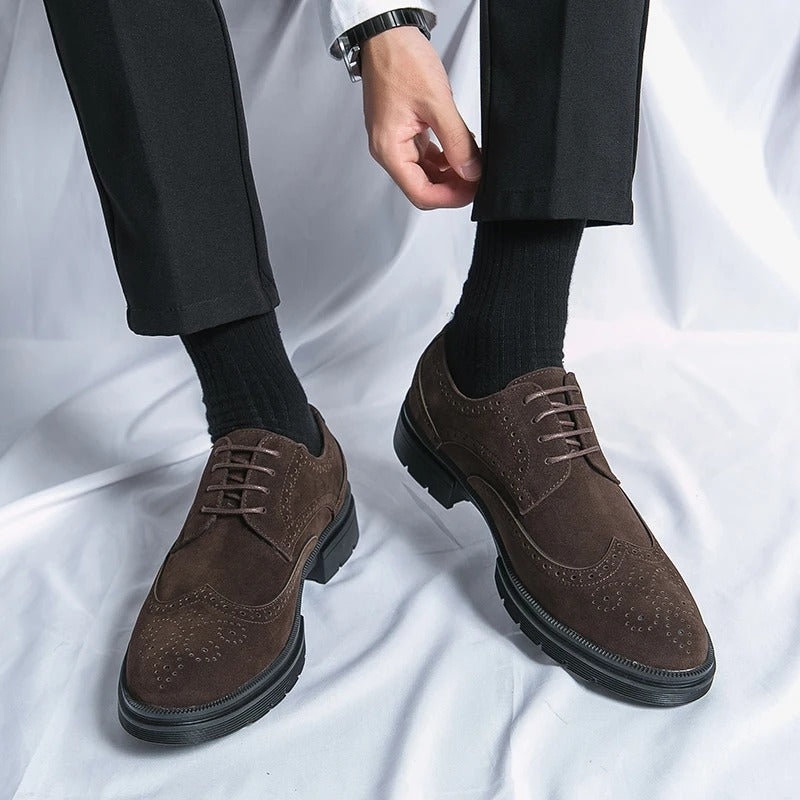 Men's lace-up suede brogues in a rich brown hue, embodying classic style and comfortable dress footwear.