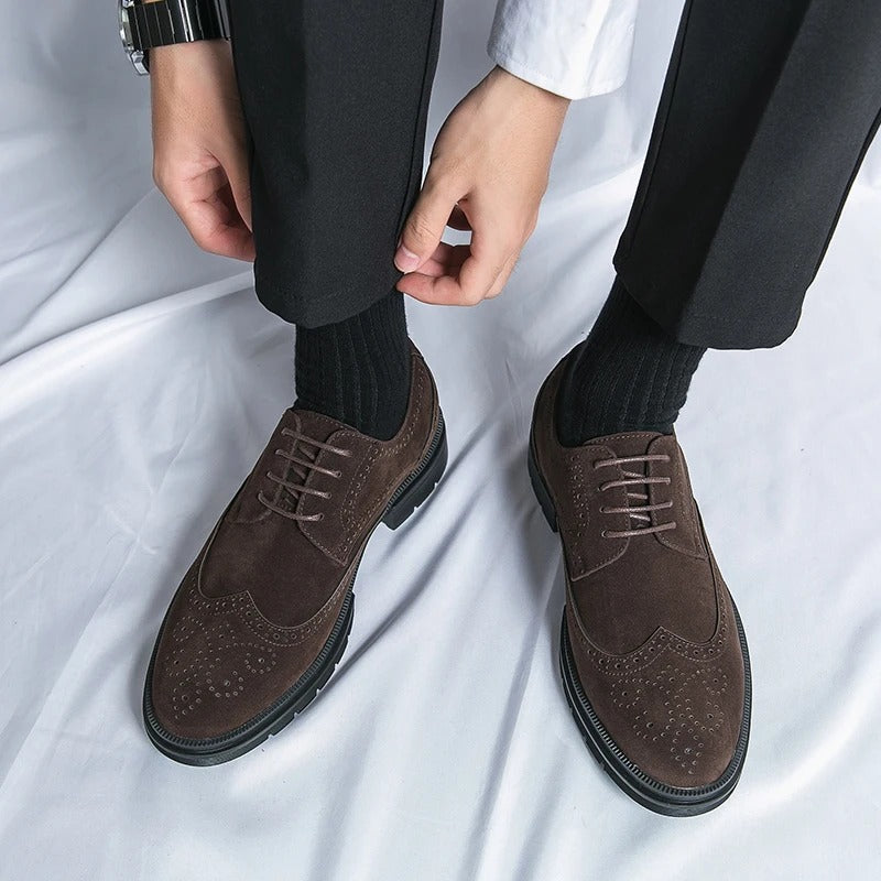 Premium black suede brogue dress shoes for men, offering timeless style and exceptional comfort.