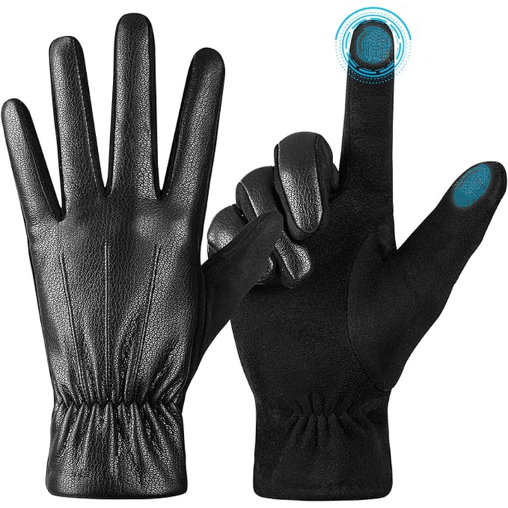 Warm, windproof men's suede winter gloves with touchscreen capability for cold weather activities.