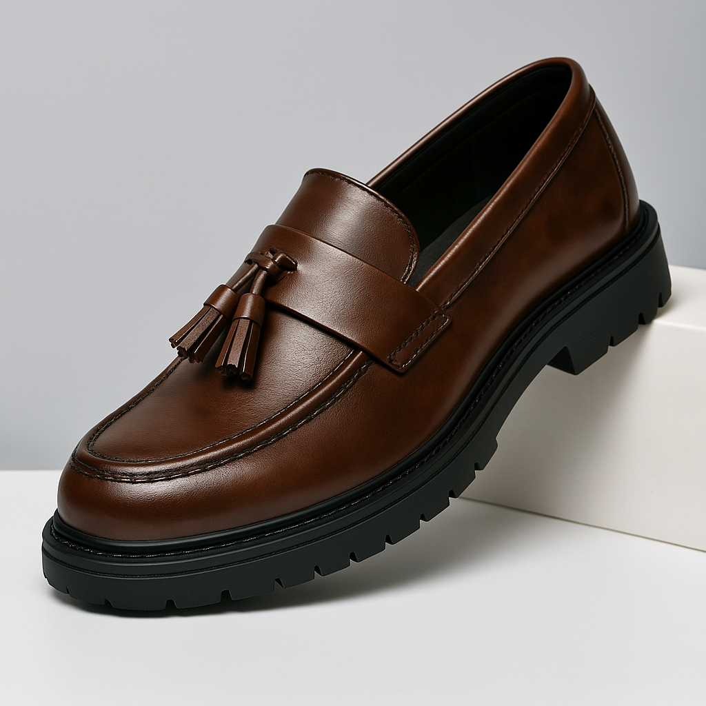 Men's brown tassel loafers, comfortable slip-on dress shoes for formal or casual style.