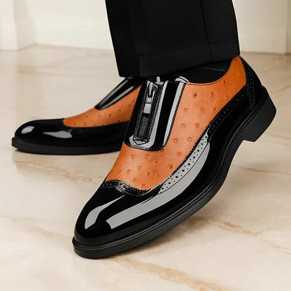 Men's brown textured oxford dress shoes with side zip for bold style & comfort.