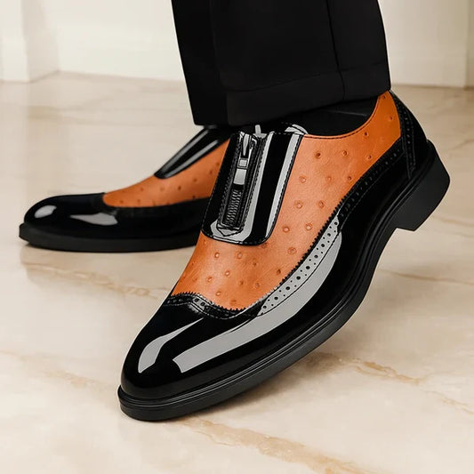 Men's brown textured oxford dress shoes with side zip for bold style & comfort.