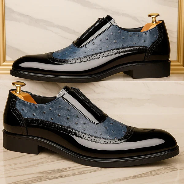 Close-up of textured finish on men's oxford dress shoes, highlighting unique style & comfort.