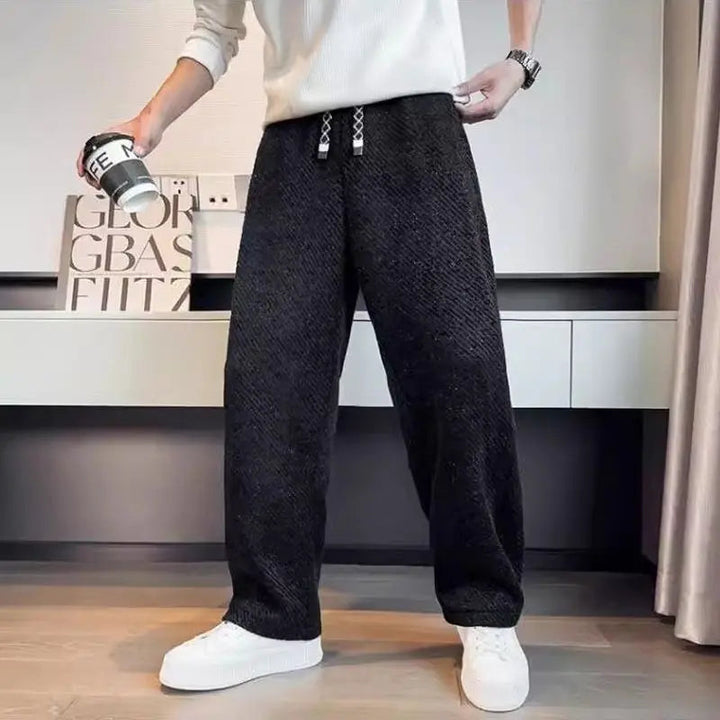 Versatile men's brushed tapered knit pants, cotton blend, drawstring, suitable for casual comfort & everyday wear.