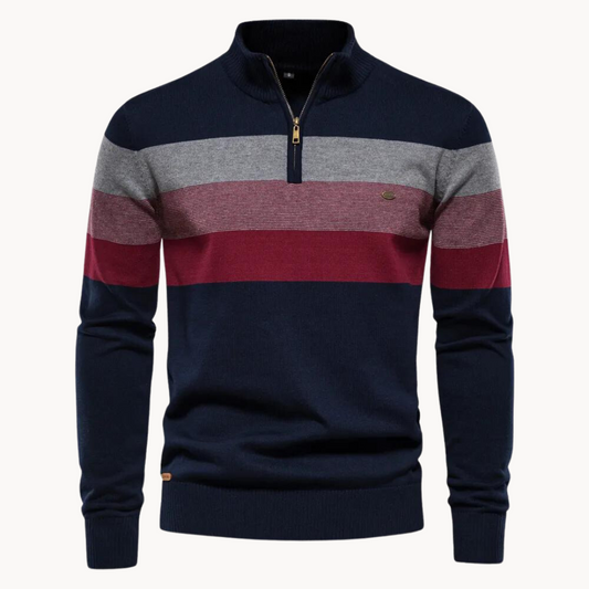 Men's Burk striped quarter zip sweater. Casual long-sleeve pullover, perfect for fall layering.