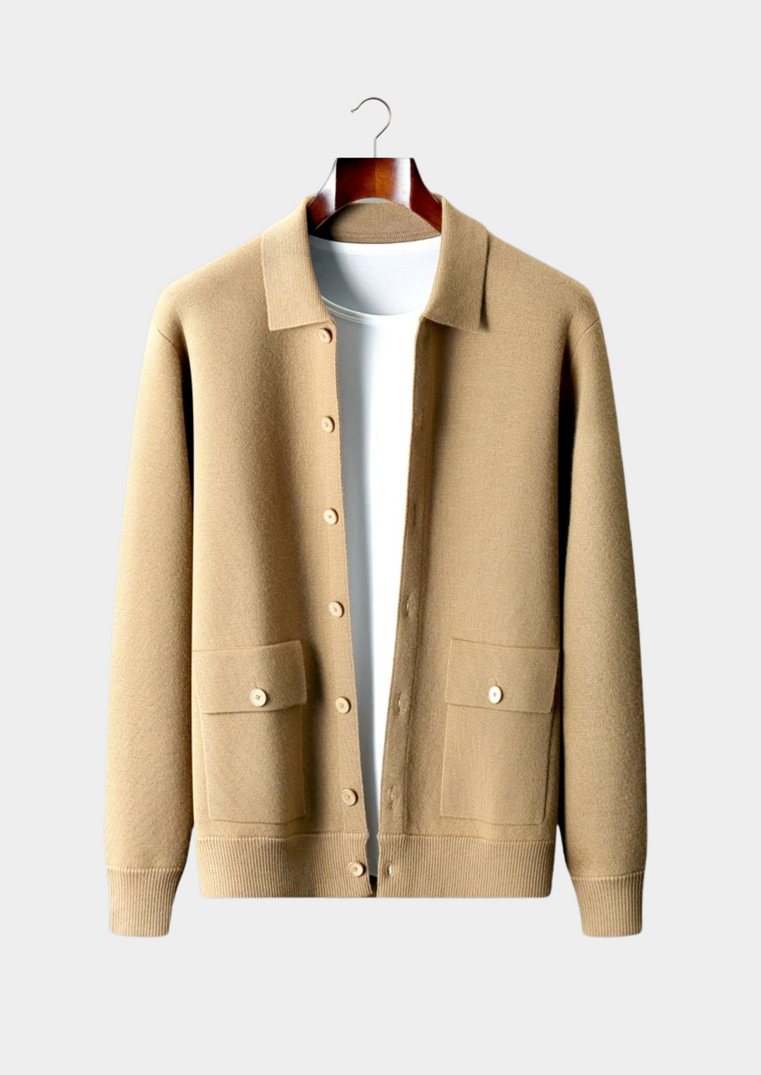 Men's button-up cardigan with patch pockets. Stylish, comfortable knitwear for smart casual outfits.