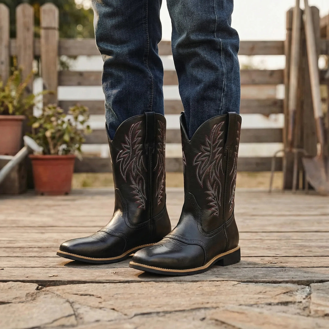 Men's calf-length cowboy boots with distinctive western embroidery, slip-on design, and rugged block heel. Ideal casual footwear.