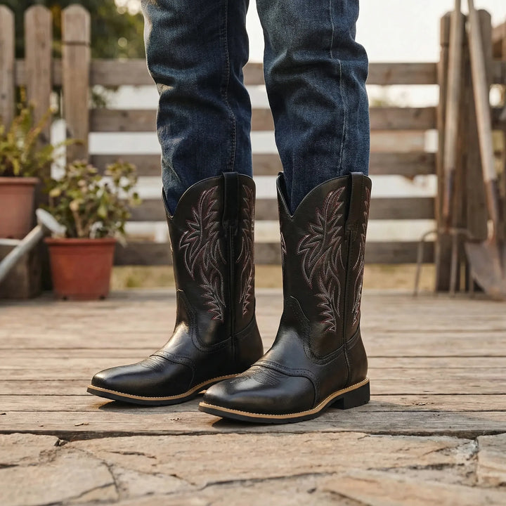 Men's calf-length cowboy boots with distinctive western embroidery, slip-on design, and rugged block heel. Ideal casual footwear.