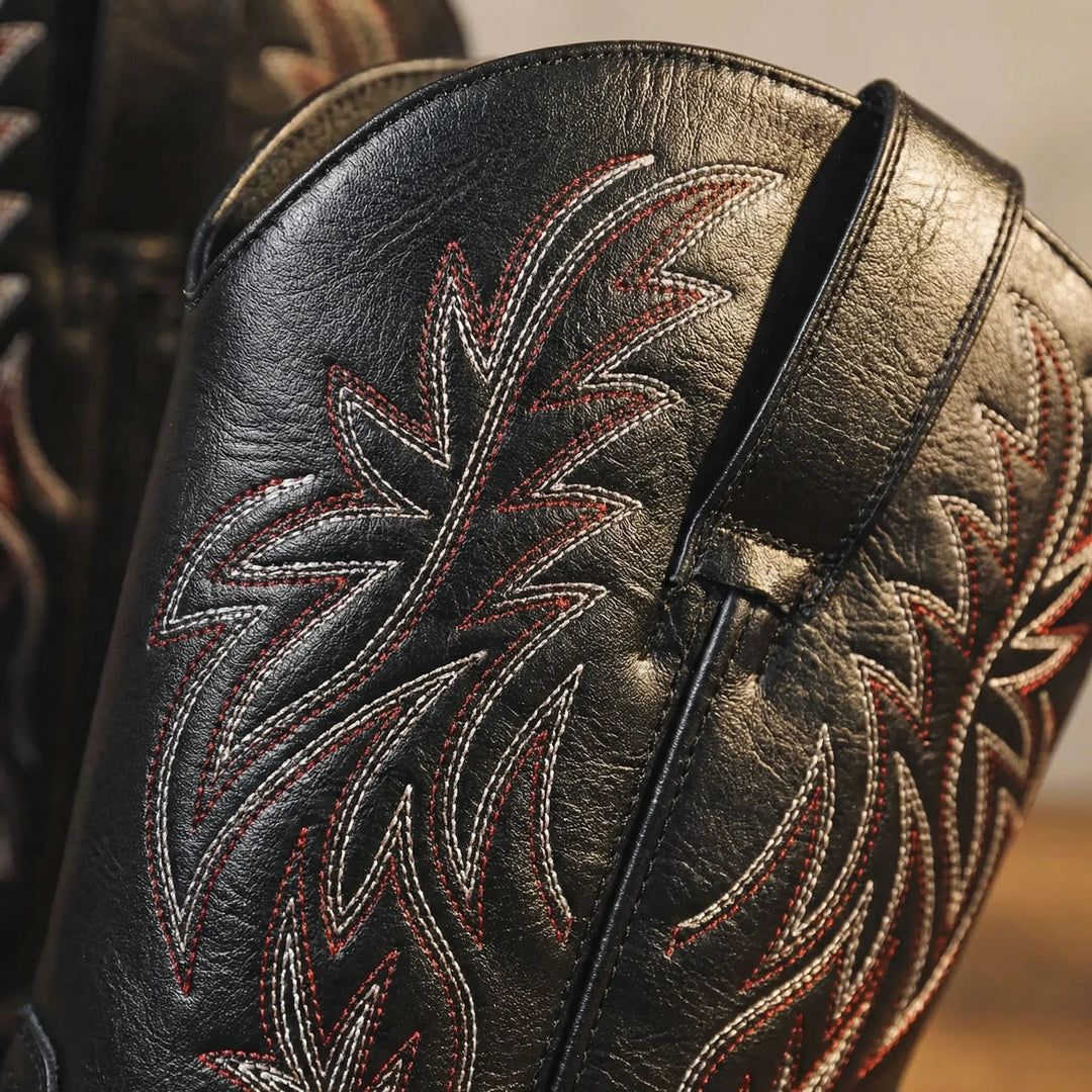 Black men's calf-length western boots. Slip-on cowboy boots with stylish embroidery & comfortable block heel for casual wear.