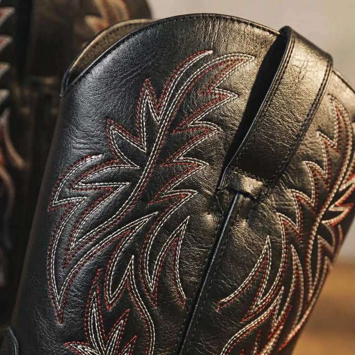 Black men's calf-length western boots. Slip-on cowboy boots with stylish embroidery & comfortable block heel for casual wear.