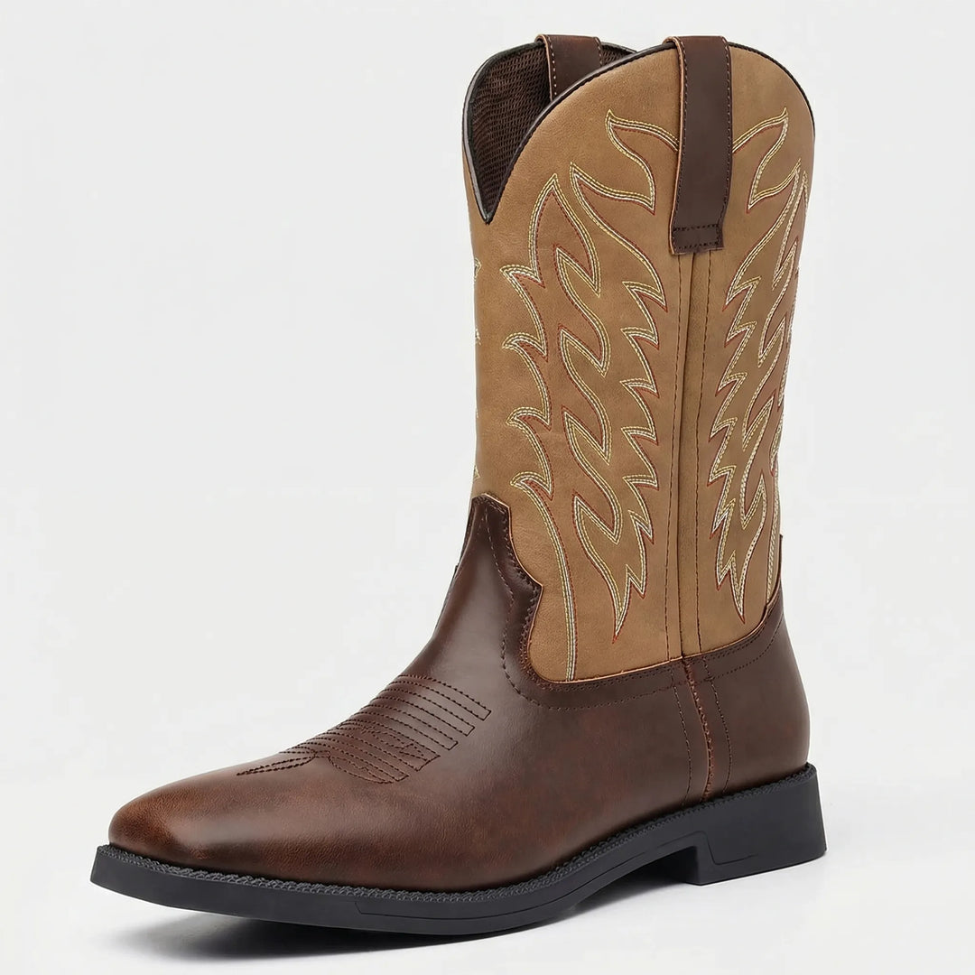 Slip-on men's cowboy boots, calf-length with unique embroidery. Versatile western footwear featuring a sturdy block heel.