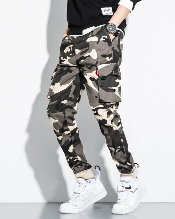 Men's tapered fit camo cargo joggers, providing a sleek, modern look with ultimate comfort.