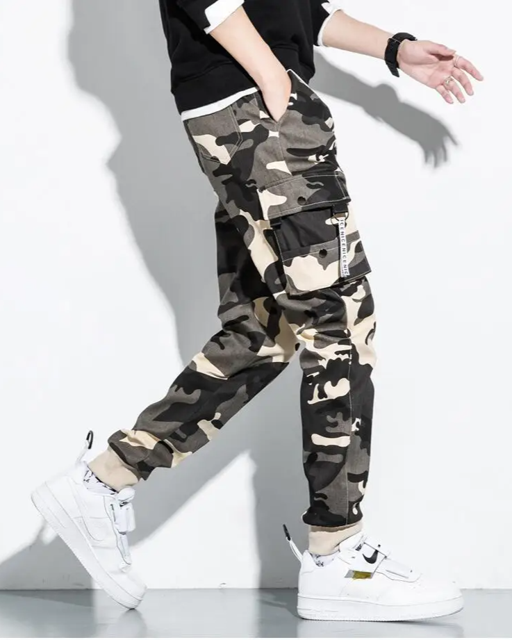 Active men's camo cargo joggers, perfect for casual outings, blending tactical design with comfort.