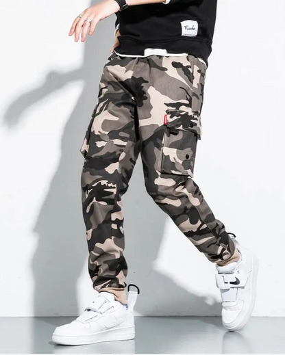 Stylish and functional men's camo cargo joggers, perfect utility pants for urban explorers.
