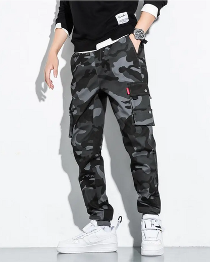 Stylish men's camo cargo joggers with a modern tapered fit, perfect for streetwear fashion.