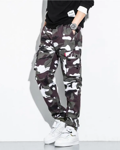 Durable men's camouflage cargo joggers with elastic waist and cuffs, built for active comfort.