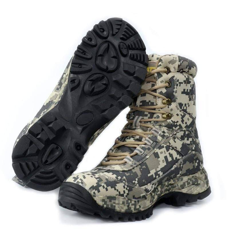 Pair of men's hunting tactical boots in woodland camo, ideal for outdoor survival gear