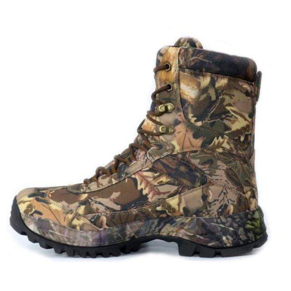 Side view of water-resistant men's hiking boots, featuring durable sole and camouflage pattern