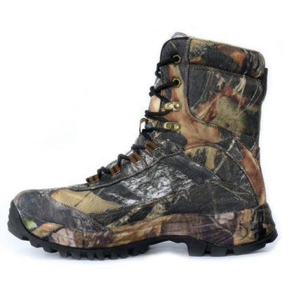 Detailed shot of the water-resistant material on men's camouflage tactical outdoor boots
