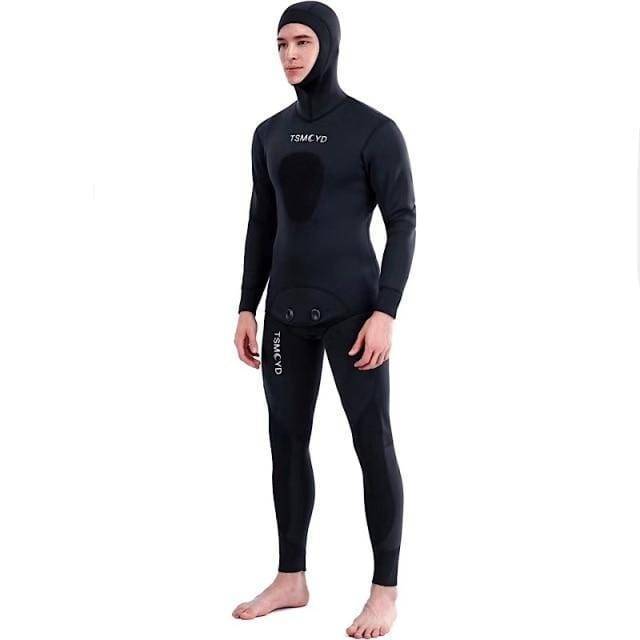 Close-up of the durable neoprene fabric of a men's camouflage full wetsuit, ideal for spearfishing and diving.