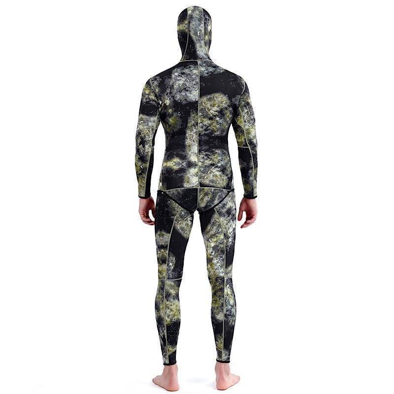 Men's camouflage full wetsuit laid flat, displaying the entire suit and its seams for water sports and diving.