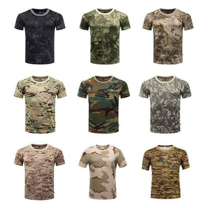 Men's camouflage quick-dry t-shirt for hiking and outdoor activities, O-neck, breathable polyester.
