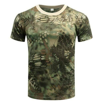 Camouflage O-neck t-shirt for men, featuring quick-dry and breathable polyester for outdoor wear.