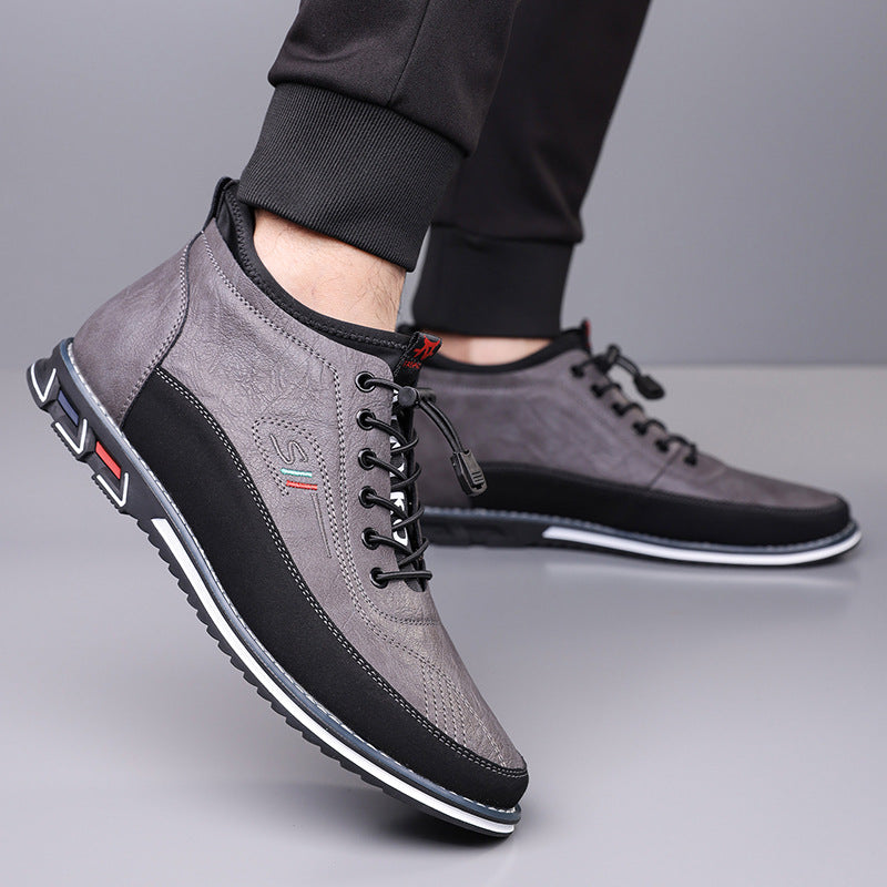 Side view of Jet Black men's Oxford barefoot hi-top sneakers, showcasing hi-top design & natural movement.