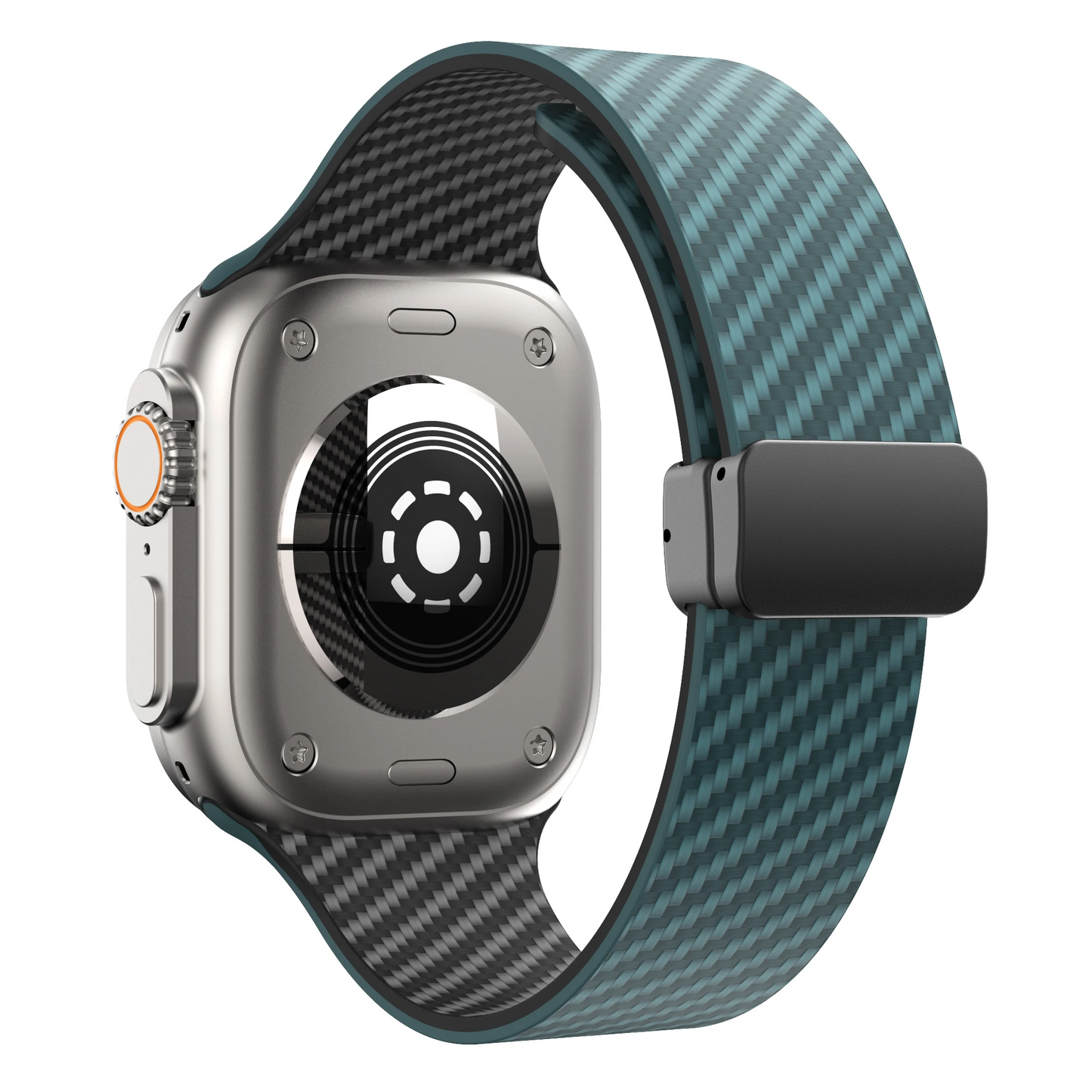 Secure men's carbon fiber sport band, rugged silicone for smartwatches.