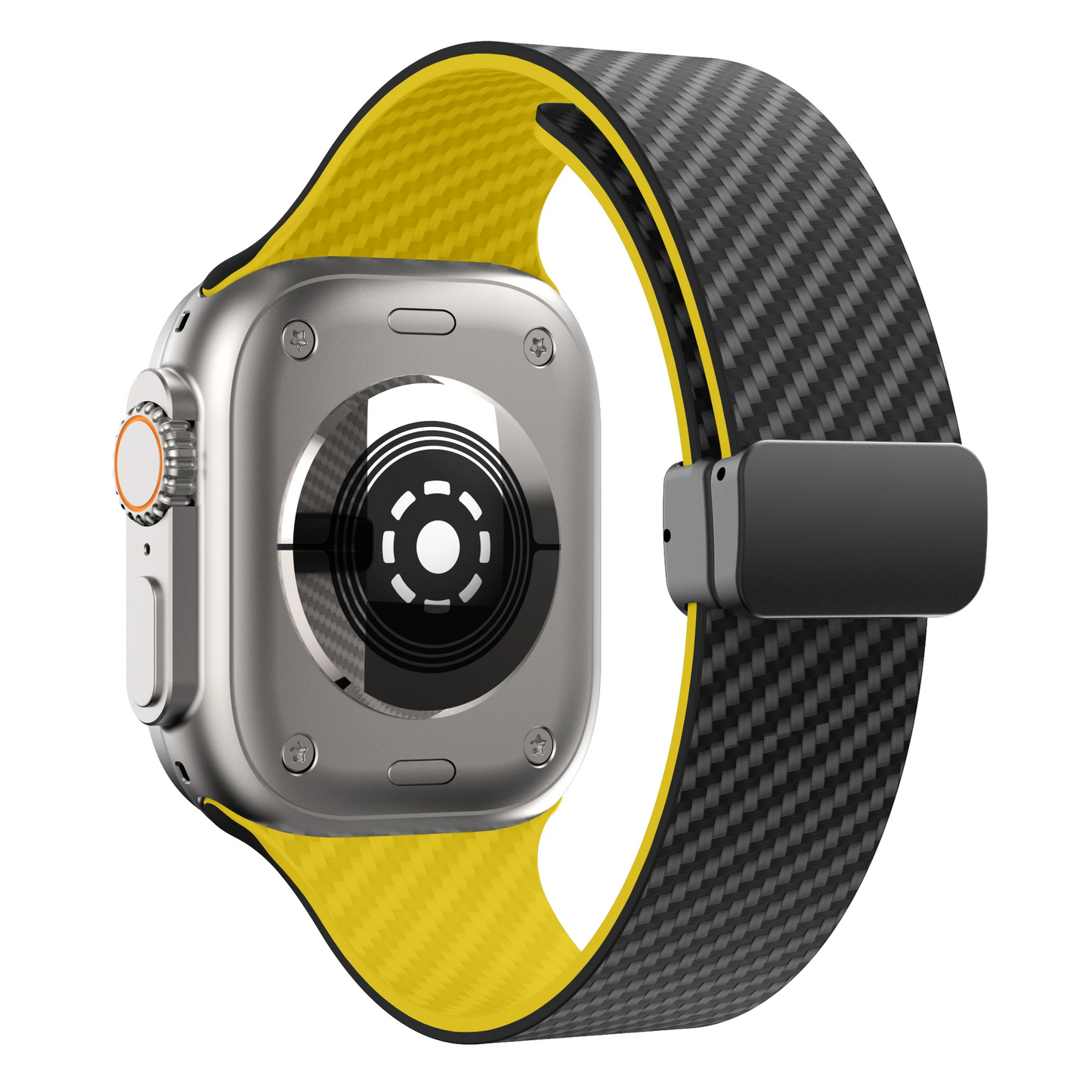 Stylish men's sport watch band, carbon fiber & silicone, rugged design.