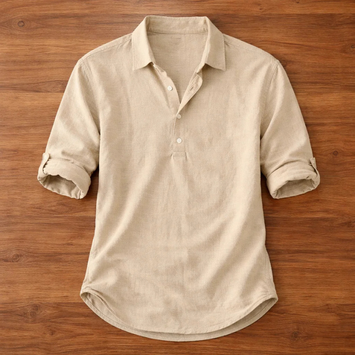 Stylish men's short sleeve Henley shirt, ideal for casual wear, summer fashion & everyday menswear.