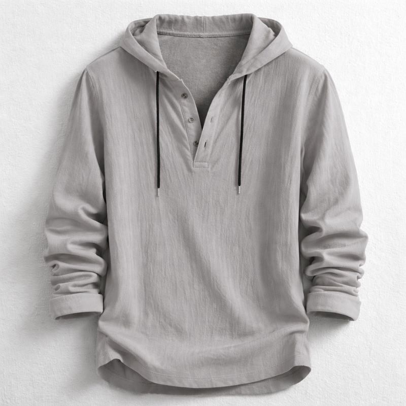 Casual men's Carter relaxed fit long sleeve henley hoodie shirt. Comfortable and stylish for everyday wear.