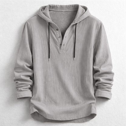 Casual men's Carter relaxed fit long sleeve henley hoodie shirt. Comfortable and stylish for everyday wear.