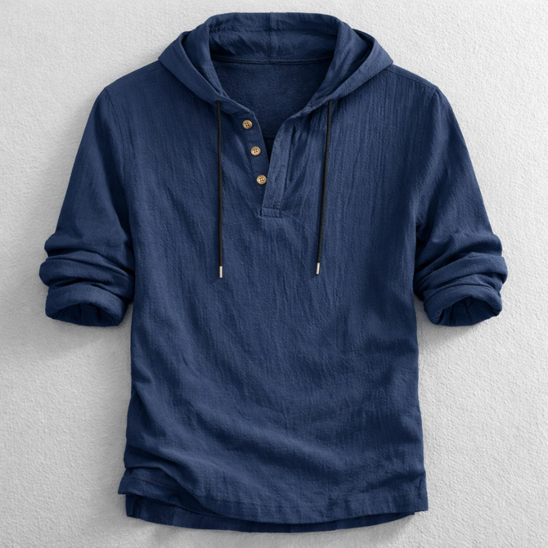 Men's Carter relaxed fit hoodie shirt with henley neckline. Long sleeve, comfortable, perfect for casual styling.