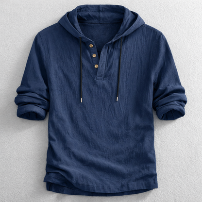 Men's Carter relaxed fit hoodie shirt with henley neckline. Long sleeve, comfortable, perfect for casual styling.
