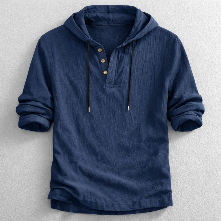 Men's Carter relaxed fit hoodie shirt with henley neckline. Long sleeve, comfortable, perfect for casual styling.