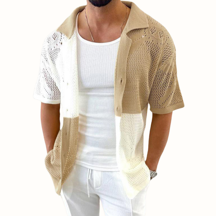 Unique textured Casa Milo men's open-knit shirt, breathable and modern for summer fashion.