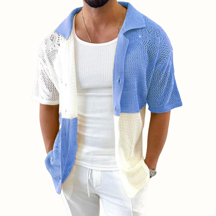 Breathable Casa Milo men's open-knit shirt, short sleeve for cool and comfortable summer style.