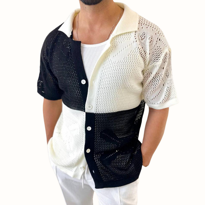 Modern Casa Milo men's open-knit short sleeve shirt, featuring unique texture for stylish summer fashion.