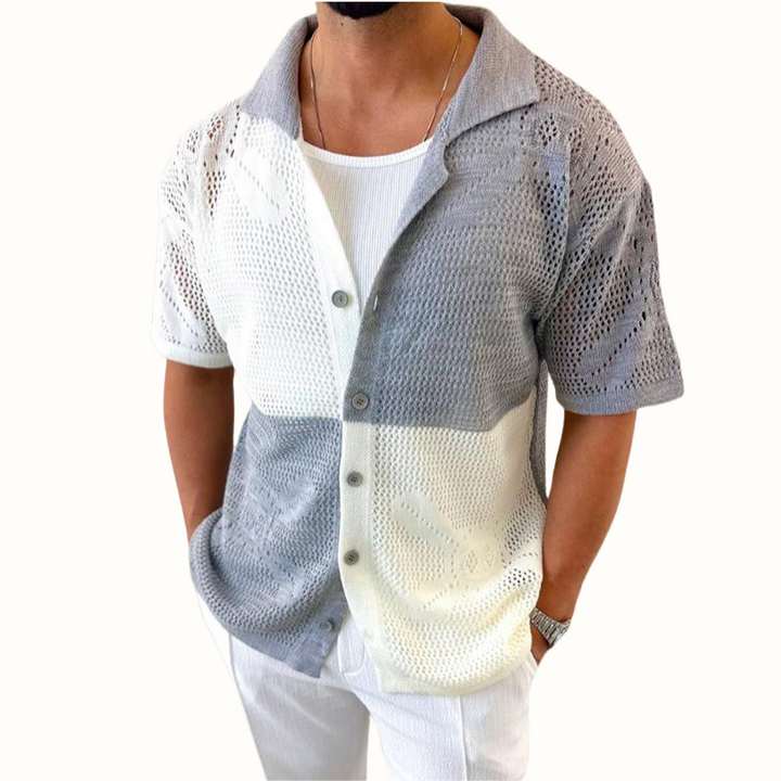 Versatile Casa Milo men's open-knit short sleeve shirt, breathable, perfect for modern casual & summer fashion.