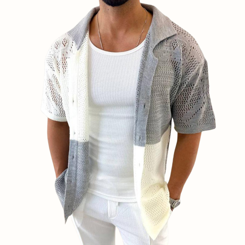 Casa Milo men's open-knit shirt, breathable short sleeve, showcasing its unique texture for ultimate summer style.