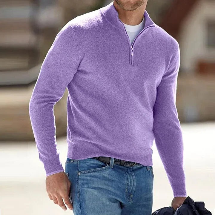 Classic men's long sleeve zipper sweater for fall fashion, winter outfits, or spring style.