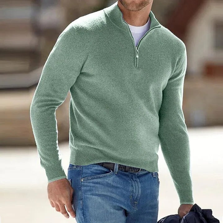 Men's basic cashmere zipper sweater with long sleeves, great for everyday casual wear & layering.