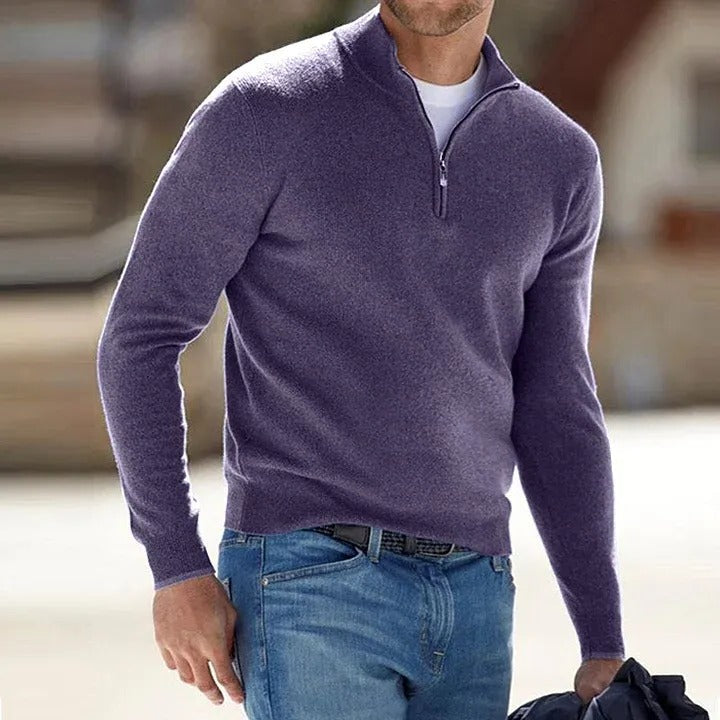 Men's comfortable cashmere zipper sweater, perfect for casual fall fashion & winter layering.