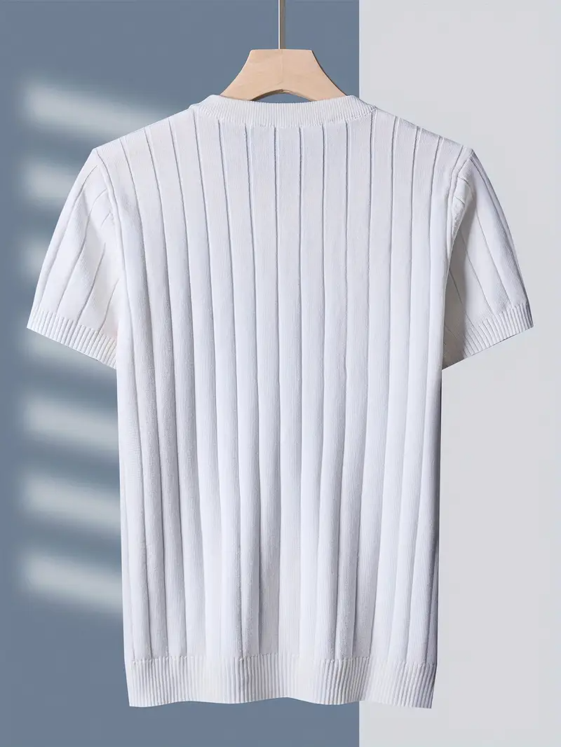 Back view of a men's breathable ribbed shirt, showcasing its comfortable fit. Essential short sleeve everyday tee.