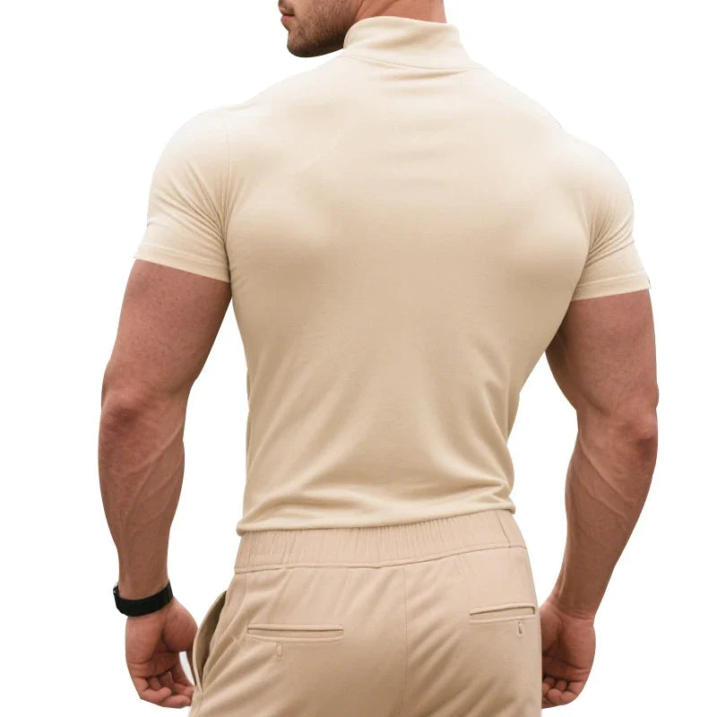 Stylish slim fit men's tee, short sleeve, modern style. Versatile casual wear, wardrobe essential.