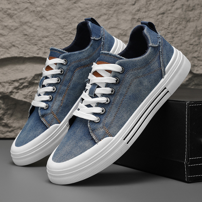 Men's casual blue denim sneakers, stylish everyday comfort footwear for modern streetwear.